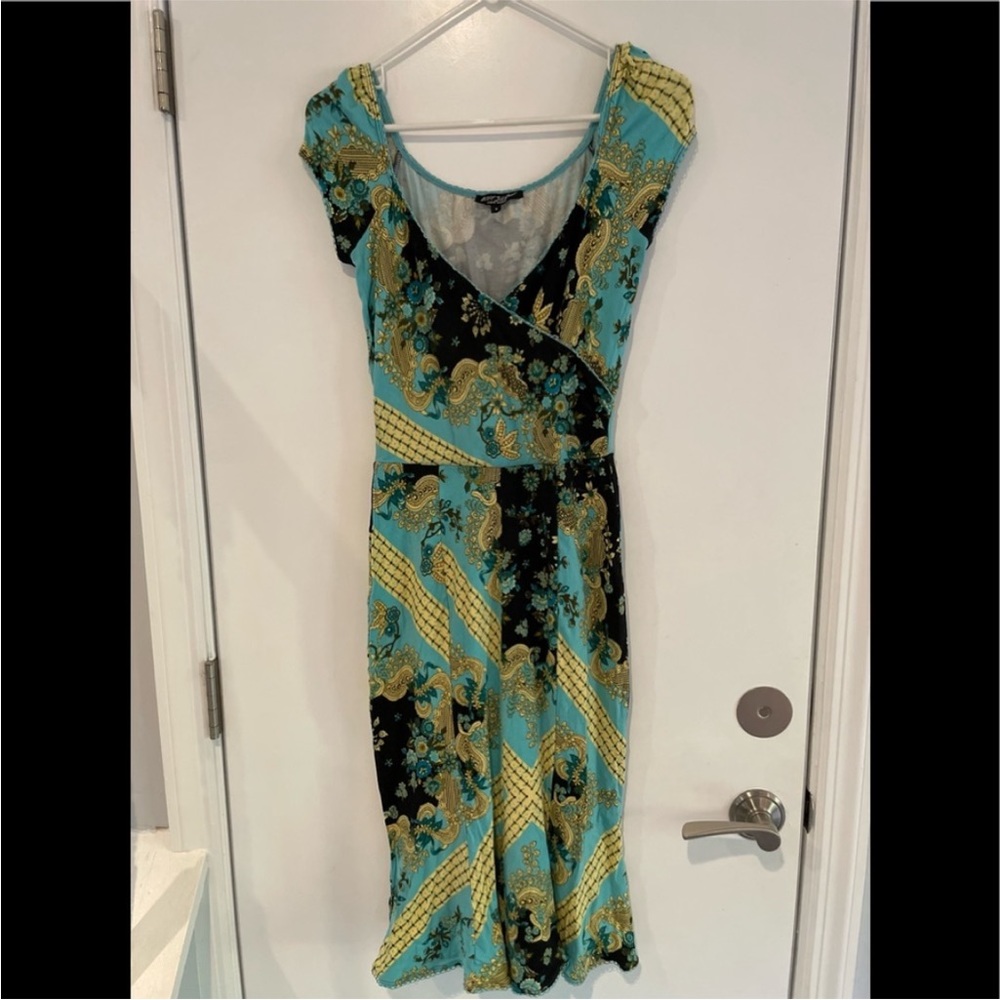 Betsey Johnson turquoise/black print jersey dress. Black label, size S
